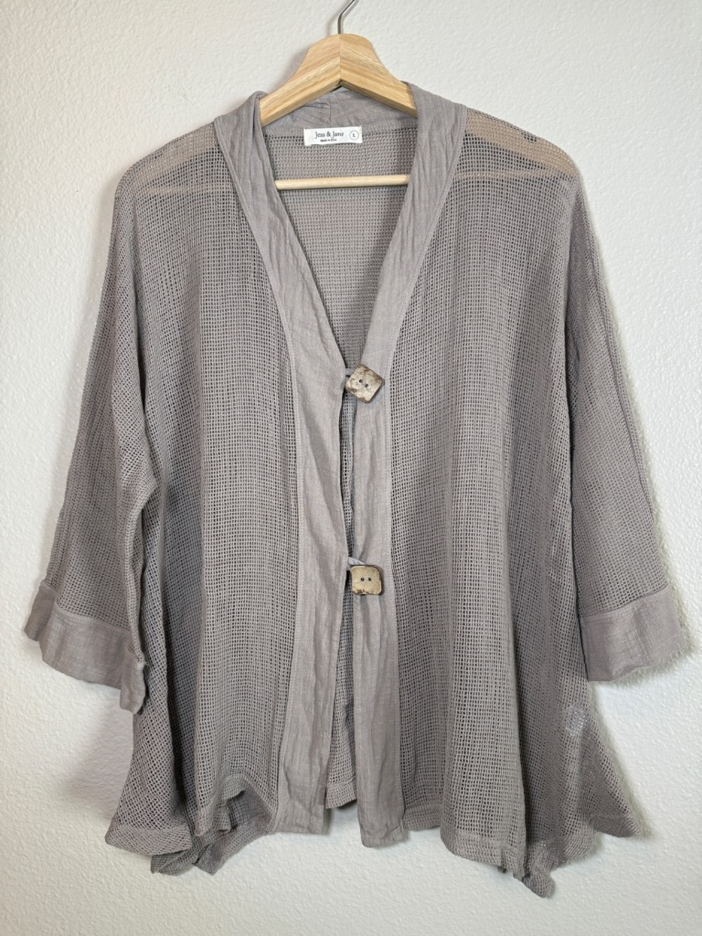 Jess & Jane Cotton Mesh Cardigan SZ Large 3/4 Length Sleeves Neutral Minimalist